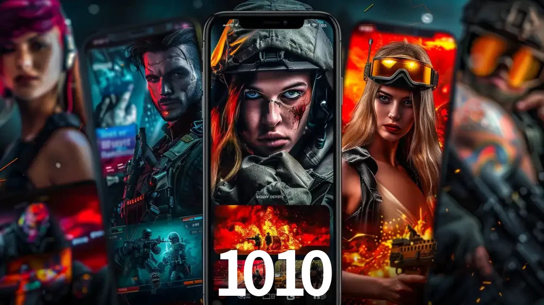 Montagem de telas de celular mostrando diversos personagens, masculinos e femininos, de um jogo de tiro, ilustrando a diversidade de equipes de e-sports para apostar no 1010.