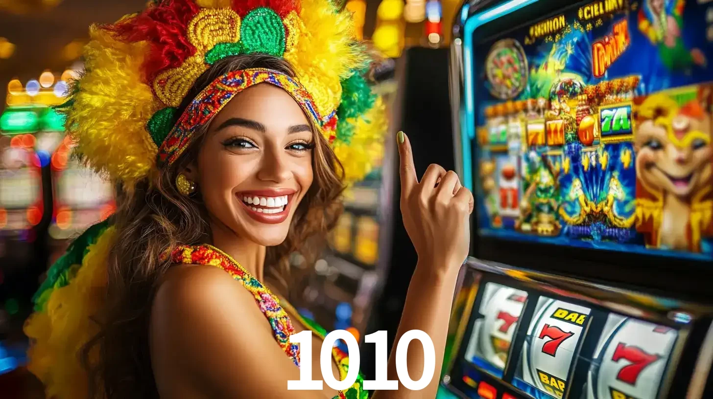 Mulher animada com um cocar de carnaval apontando para uma máquina de caça-níqueis, mostrando a emoção de ganhar um grande prêmio nos jogos do 1010.