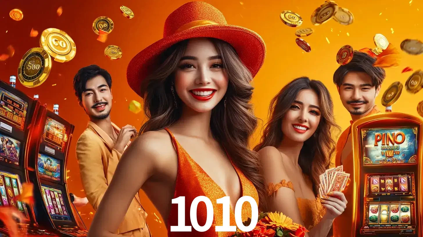 Grupo de amigos asiáticos sorrindo e se divertindo com máquinas de caça-níqueis em um ambiente festivo, celebrando suas vitórias nos jogos de cassino do 1010.