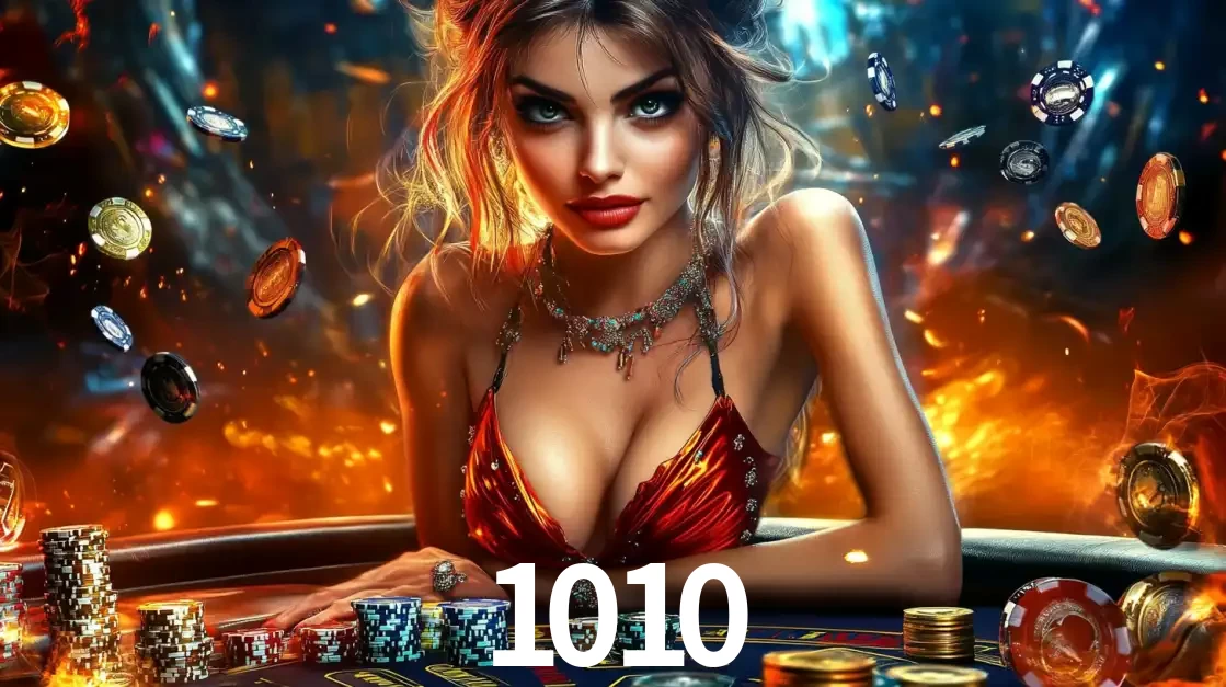 Mulher em uma mesa de cassino com pilhas de fichas e um fundo de fogo, pronta para uma rodada de altas apostas nos jogos de mesa emocionantes do cassino 1010.